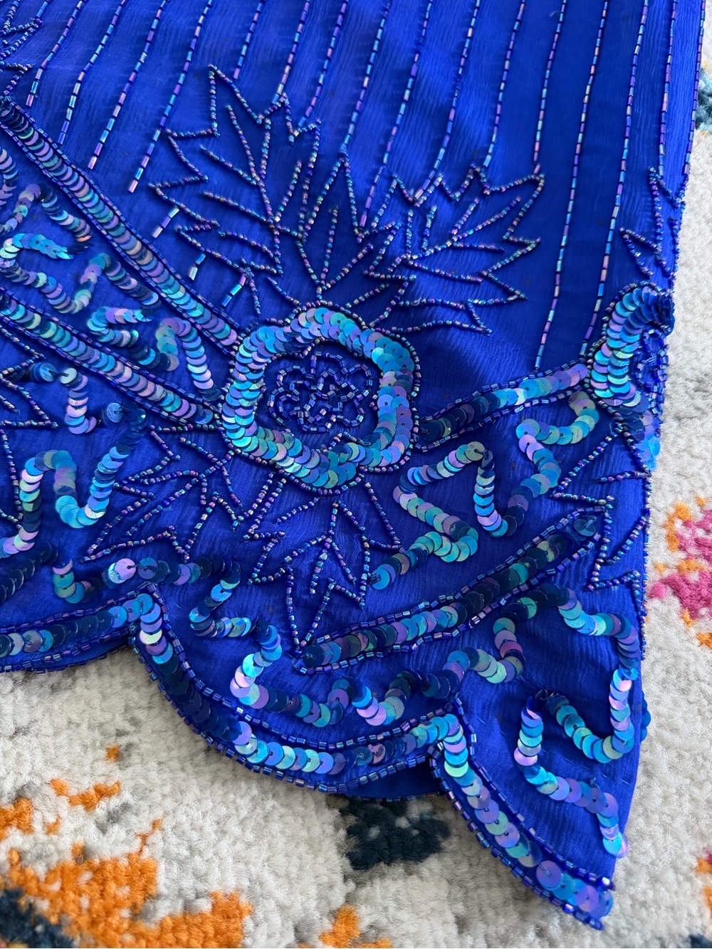 Silk Vintage Blue Sequin Iridescent Hand Beaded Womens Skirt Lined